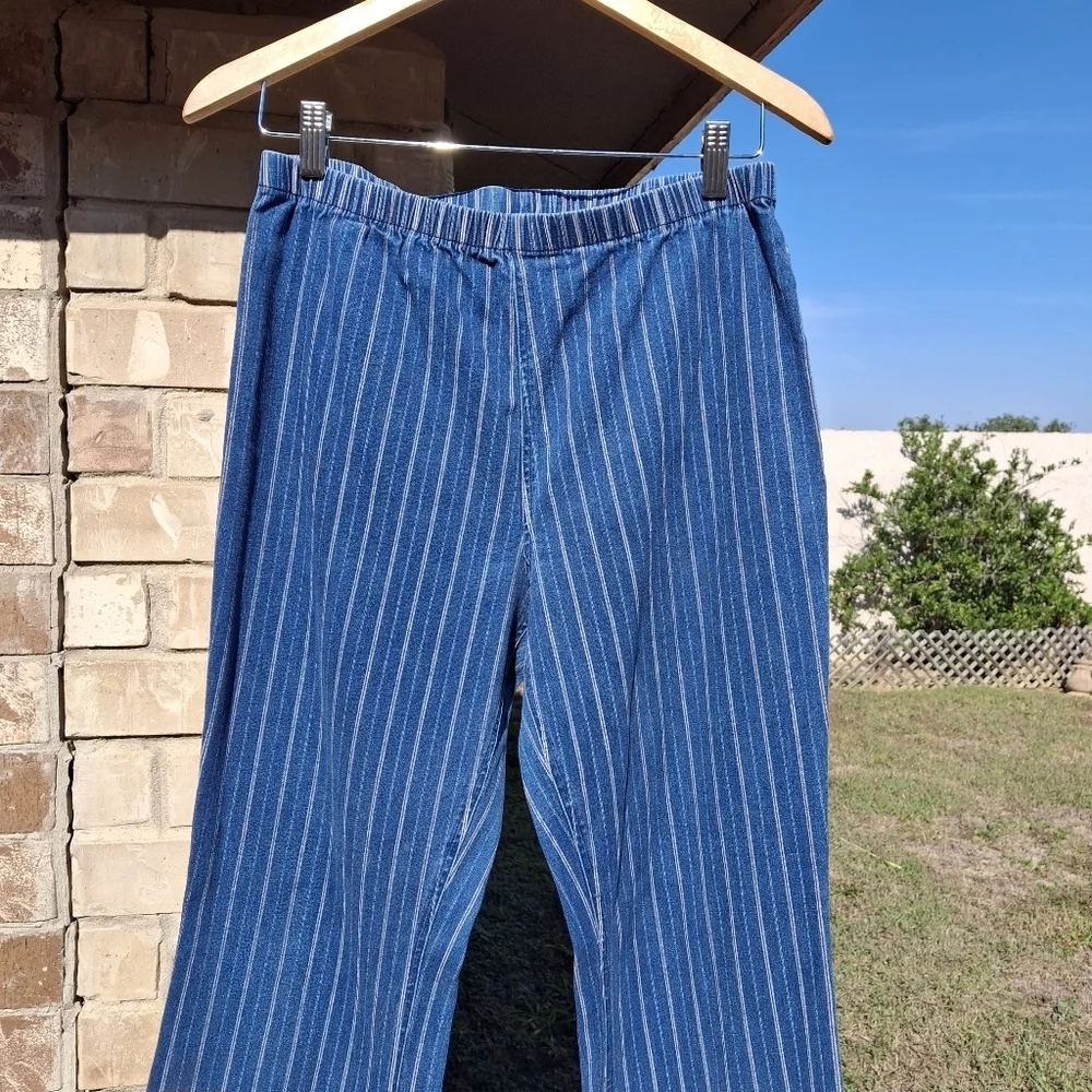 MetroStyle Blue & White Pinstripe Pull-On Comfy Cotton Pants  Women Size Large